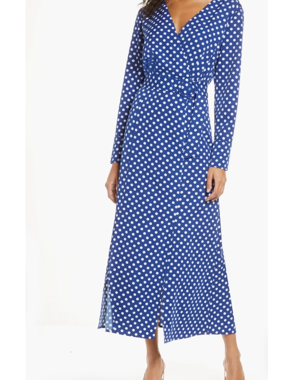1901 Blue and White Polka Dot Wrap Maxi Dress